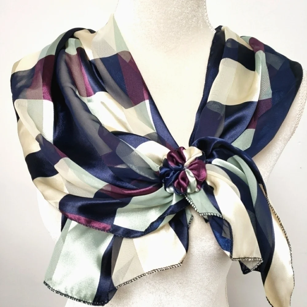 SCARF Neck Wrap Plaid Silk Feel Pre-Tied Plaid Purple Navy Grey EUC